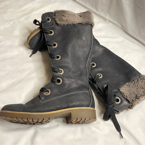 Timberland Mirney black leather faux fur thong and trim high boots - Picture 7 of 14